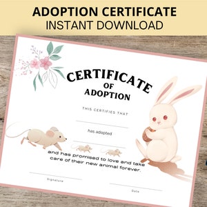 Huisdieradoptiecertificaat, Konijnadoptiecertificaat, Muisadoptiecertificaat, Muizen, Rat, Afdrukbaar, Instant Download, Letter-formaat, A4