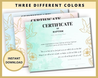 Op de afbeelding: Drie afdrukbare doopcertificaten in verschillende kleuren: lichtblauw, roze en groen. Elk certificaat bevat een duif met een kruis, bloemmotieven en de tekst "DOOPCERTIFICAAT". De tekst "DIT BEVESTIGT DAT" is ook inbegrepen. Onderaan elk certificaat staat een bijbelvers uit Efeziërs 4:4-6.