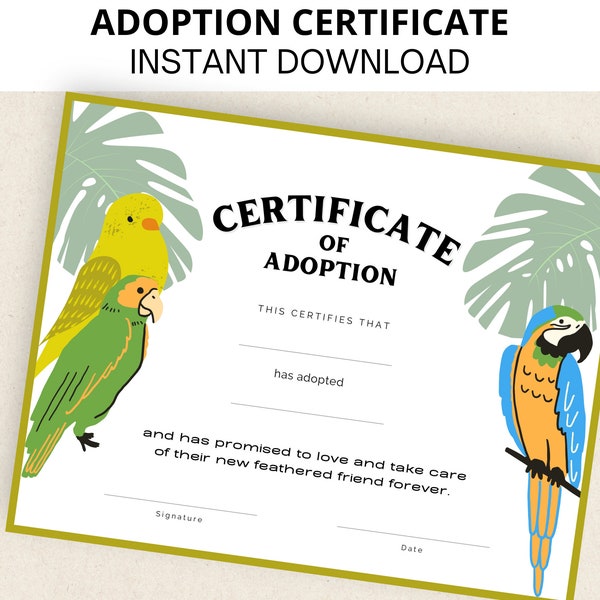 Pet Adoption Certificate, Bird Adoption Certificate, Parrot, Canary, Printable, Instant Download, Letter Size, A4