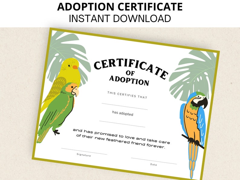 Pet Adoption Certificate, Bird Adoption Certificate, Parrot, Canary
