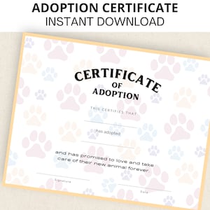 Certificado de adopción de mascotas, Certificado de adopción de perros, Certificado de adopción de cachorros, Imprimible, Descarga instantánea, Tamaño carta, A4