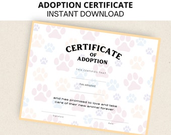 Pet Adoption Certificate, Dog Adoption Certificate, Puppy Adoption Certificate, Printable, Instant Download, Letter Size, A4
