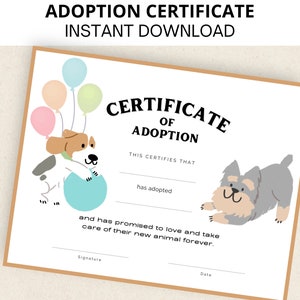 Certificado de adoção de cachorro, certificado de adoção de animal de estimação, para impressão, download instantâneo, tamanho carta, A4, festa, aniversário, cachorrinho, animal de estimação
