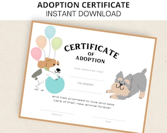 Dog Adoption Certificate, Pet Adoption Certificate, Printable, Instant Download, Letter Size, A4,  Party, Birthday, Puppy, Pet
