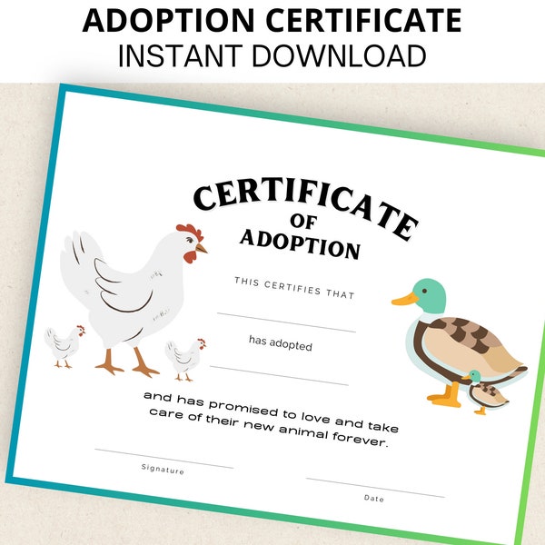 Pet Adoption Certificate, Chicken Adoption Certificate, Duck Adoption Certificate, Printable, Instant Download, Letter Size, A4