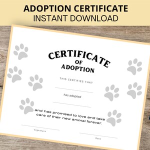 Certificado de adopción de mascotas, Certificado de adopción de perros, Certificado de adopción de cachorros, Imprimible, Descarga instantánea, Tamaño carta, A4