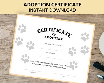 Pet Adoption Certificate, Dog Adoption Certificate, Puppy Adoption Certificate, Printable, Instant Download, Letter Size, A4