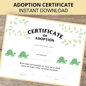 Certificaat van adoptie van huisdieren, adoptie van schildpadden, afdrukbaar, direct downloaden, Letter-formaat, A4