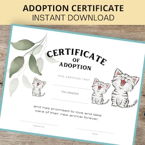 Kat adoptie certificaat, huisdier adoptie certificaat, kitten adoptie certificaat, afdrukbaar, direct downloaden, Letter-formaat, A4