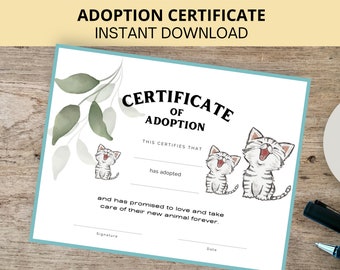 Cat Adoption Certificate, Pet Adoption Certificate, Kitten Adoption Certificate, Printable, Instant Download, Letter Size, A4