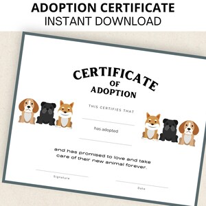 Haustier-Adoptionsurkunde, Hunde-Adoptionsurkunde, Welpen-Adoptionsurkunde, druckbar, Sofort-Download, Letter-Größe, A4