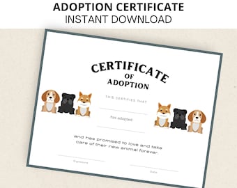 Pet Adoption Certificate, Dog Adoption Certificate, Puppy Adoption Certificate, Printable, Instant Download, Letter Size, A4