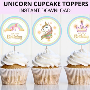 Unicorn Cupcake Toppers, Instant Download, Unicorn Birthday, Girl, Rainbow, Printable, Unicorn Decorations, Unicorn Party, Pastel Unicorn