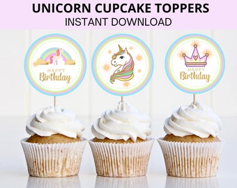 Unicorn Cupcake Toppers, Descarga Instantánea, Cumpleaños de Unicornio, Niña, Arco Iris, Imprimible, Decoraciones de Unicornio, Fiesta de Unicornio, Unicornio Pastel