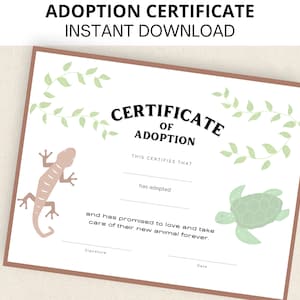 Huisdieradoptiecertificaat, Afdrukbaar, Instant Download, Letter-formaat, A4, Feest, Verjaardag, Puppy, Kat, Hond, Hagedis, Schildpad, Hamster, Konijn