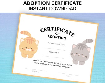 Cat Adoption Certificate, Pet Adoption Certificate, Printable, Instant Download, Letter Size, A4,  Party, Birthday, Puppy, Pet