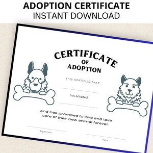 Certificado de adoção de animal de estimação, certificado de adoção de cachorro, certificado de adoção de filhote de cachorro, para impressão, download instantâneo, tamanho carta, A4