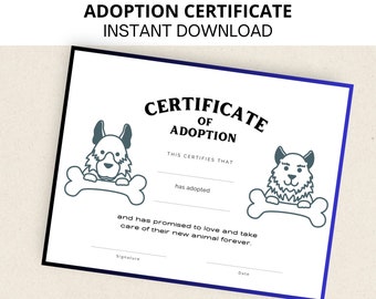 Pet Adoption Certificate, Dog Adoption Certificate, Puppy Adoption Certificate, Printable, Instant Download, Letter Size, A4
