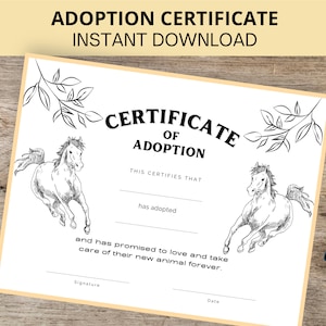 Haustier Adoption Zertifikat, Pferd Adoption Zertifikat, Pony Adoption Zertifikat, druckbar, Sofortiger Download, Letter Größe, A4