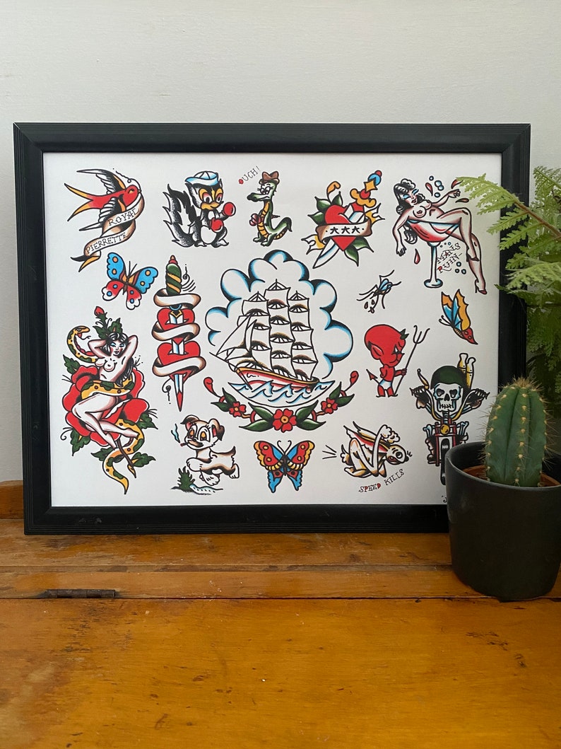 Traditional Tattoo Flash Sheet Print Inspired by Zeke Owen - Etsy