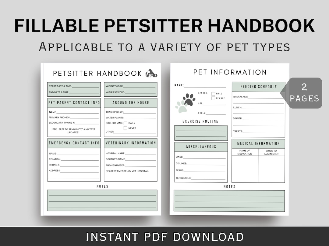 Pet Sitter Notes for Pet Care Instructions for House Sitter Guide for