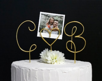 Wire heart photo Cake Topper with initials- Polaroid Picture Cake Topper - Picture Cake Topper - Photo holder cake topper - Poloroid holder