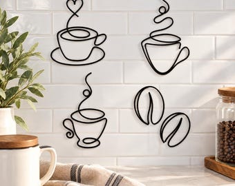 Decoración de pared con taza de café de alambre: Decoración para cocinas y cafeterías