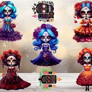 May include: A collection of five digital illustrations featuring stylized figures with sugar skull face paint, wearing elaborate dresses and floral headpieces, alongside two decorative candle graphics with skull motifs and floral accents.