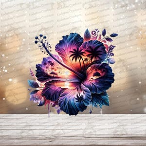 May include: A vibrant digital art print featuring a large hibiscus flower in shades of blue, purple, and pink. The flower's center showcases a sunset scene with palm trees. The background is a soft, neutral tone.