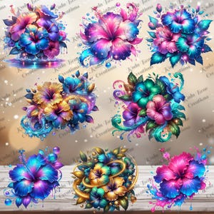 May include: A collection of vibrant digital art featuring hibiscus flowers in various arrangements. The flowers showcase a spectrum of colors, including blue, purple, pink, and gold, with intricate details and artistic flair. The designs are suitable for digital art projects.