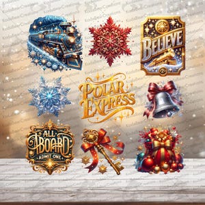 May include: A collection of Christmas-themed digital graphics featuring a blue steam train, snowflakes, the words "BELIEVE" and "POLAR EXPRESS", a silver bell, a key, and a gift bag with ornaments.