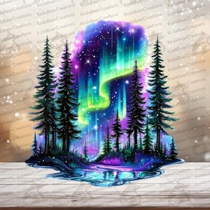 May include: A digital illustration featuring a vibrant aurora borealis with swirling shades of purple, blue, and green above a dark forest of pine trees. The scene includes a reflective pool of water at the base and a starry night sky background.