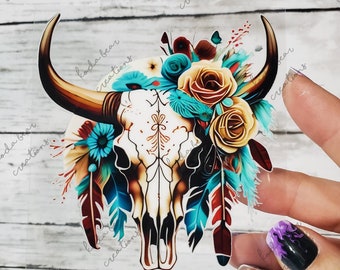 Cow Skull & Feathers UV DTF Decal