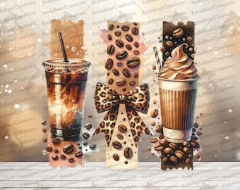Può includere: Un'illustrazione digitale che mostra due bevande al caffè, una ghiacciata con cannuccia nera e una calda con panna montata e cannuccia a righe, separate da un pannello verticale centrale decorato con chicchi di caffè e un fiocco leopardato.