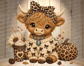 Puede incluir: Una ilustración de una vaca highland marrón con un lazo de estampado de leopardo, un suéter crema con lazos marrones pequeños y un collar con colgante turquesa. Junto a ella hay una taza de café con un corazón y una calabaza de leopardo.