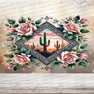 May include: A decorative design featuring a desert landscape with cacti, framed within a diamond-shaped border. The design is surrounded by pink roses and green leaves, creating a floral and southwestern theme.