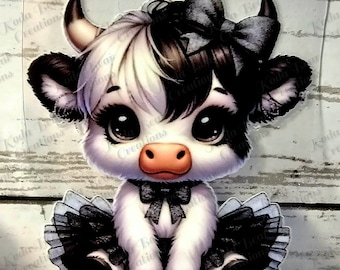 May include: A sticker featuring a cartoon baby cow with black and white fur, large dark eyes, and long eyelashes. The cow wears a black bow on its head, a black bow at its neck, and a black and white ruffled tutu skirt while sitting in a seated position.