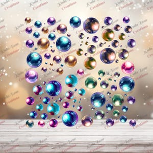 May include: A collection of iridescent bubbles in various sizes and colors, including blue, purple, gold, and green, float against a blurred, warm-toned background. The bubbles appear to be floating above a white wooden surface.