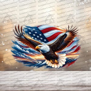 May include: A bald eagle with brown and white feathers is depicted in flight with its wings spread wide. Behind the eagle, a stylized American flag features red, white, and blue colors with stars and stripes. The text KodaBearCreations is repeated.