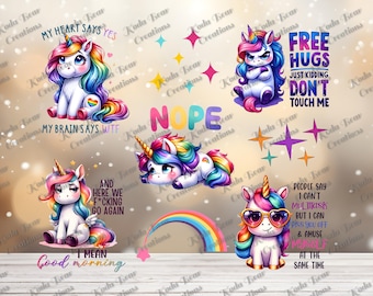 May include: A collection of whimsical unicorn designs with rainbow manes and various expressions. Text includes phrases like "My Heart Says Yes," "Nope," and "Free Hugs." Stars and rainbows are also featured.