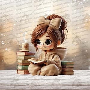 May include: A digital illustration of a cartoon character wearing glasses and a hoodie, reading a book. The character is sitting on a stack of books with a mug of coffee nearby. The color palette is warm, featuring browns and tans.