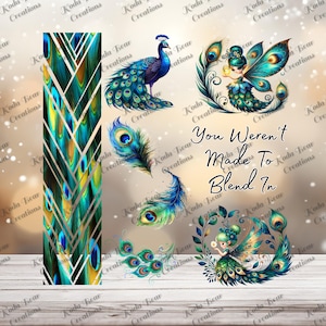 May include: A collection of peacock-themed digital art elements. Includes a peacock, feathers, and fairy illustrations in shades of blue, green, and gold. Text reads "You Weren't Made To Blend In."
