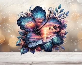May include: A large hibiscus flower illustration featuring a vibrant sunset beach scene with palm trees and ocean waves within its petals. The design includes a small starfish and seashells nestled among dark blue leaves and foliage accents.