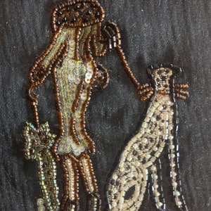 Glass beaded and sequined art deco woman walking an exotic cat Fabric patch/swatch