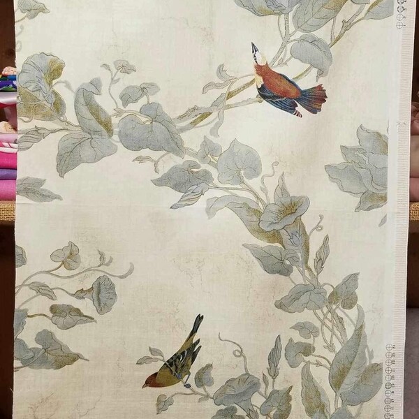 Heritage house Windsong novelty print fabric songbirds on nuetral back