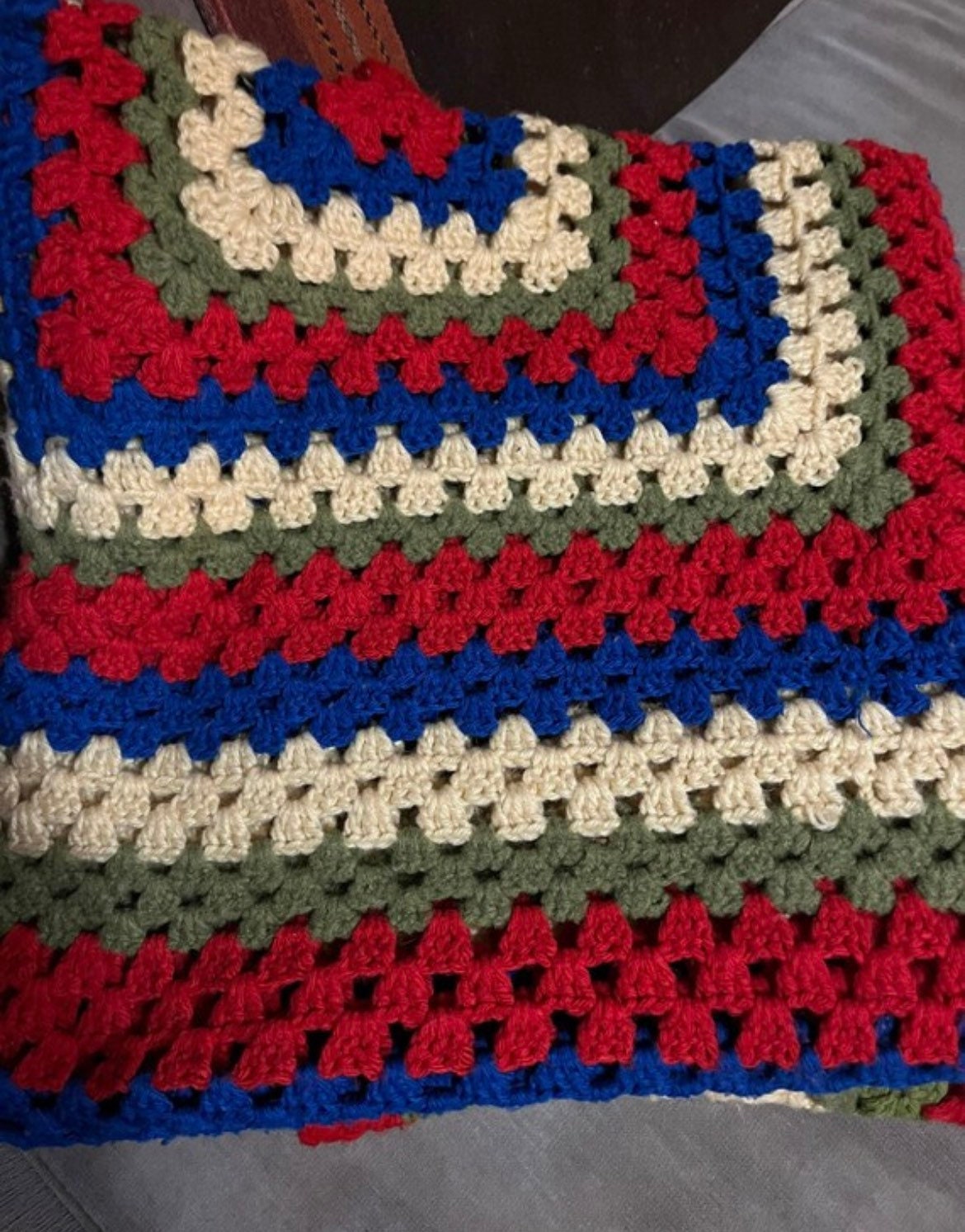 70s Hand Crocheted Afghan in a Sort of Gods Eye Pattern Green Red Blue