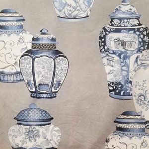 May include: A pattern of blue and white porcelain vases with floral and geometric designs on a light gray background.
