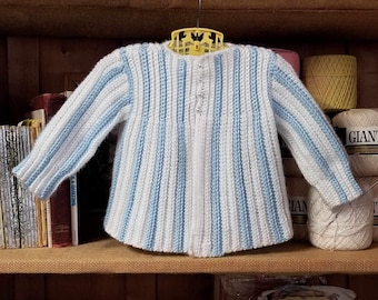 Hand knit baby/ toddler cardigan light blue striped