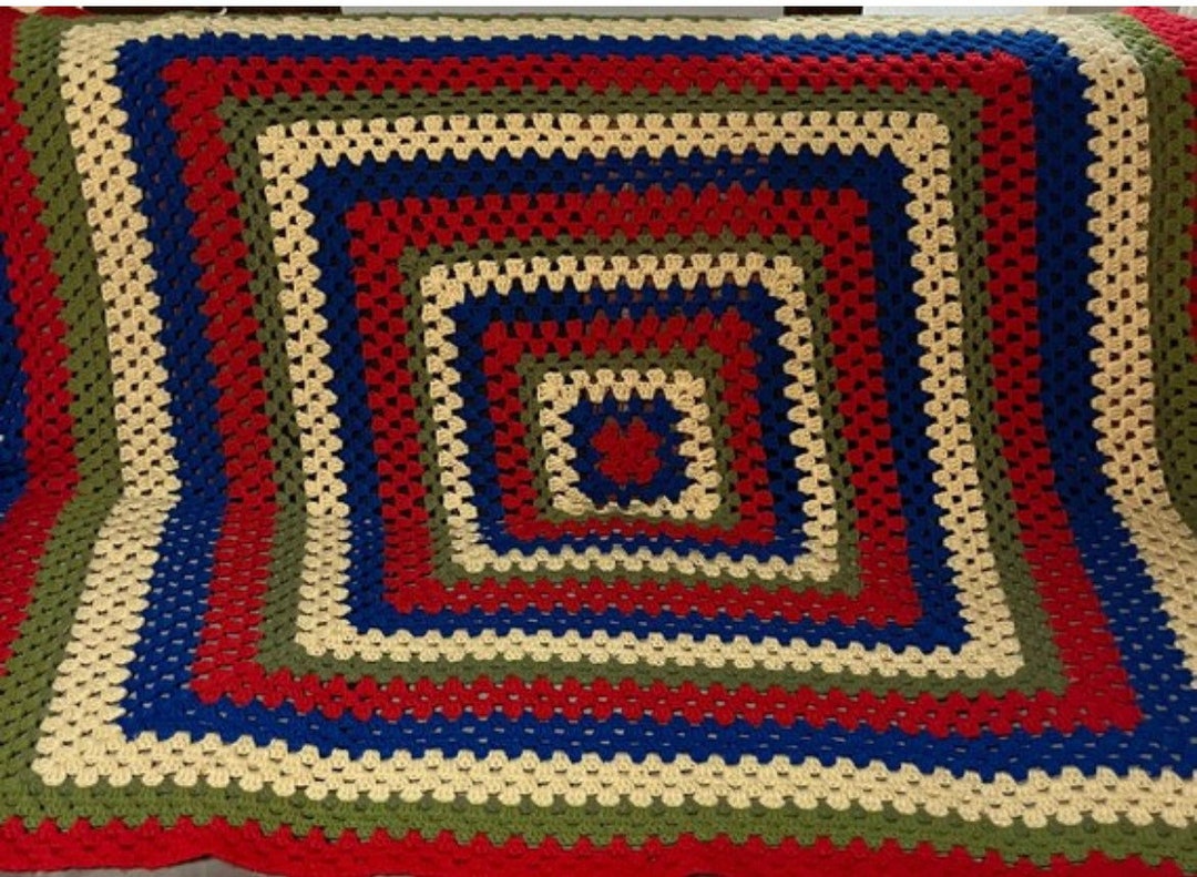 70s Hand Crocheted Afghan in a Sort of Gods Eye Pattern Green Red Blue