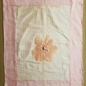 1950s vintage  pink cotton and satin baby blanket with flower